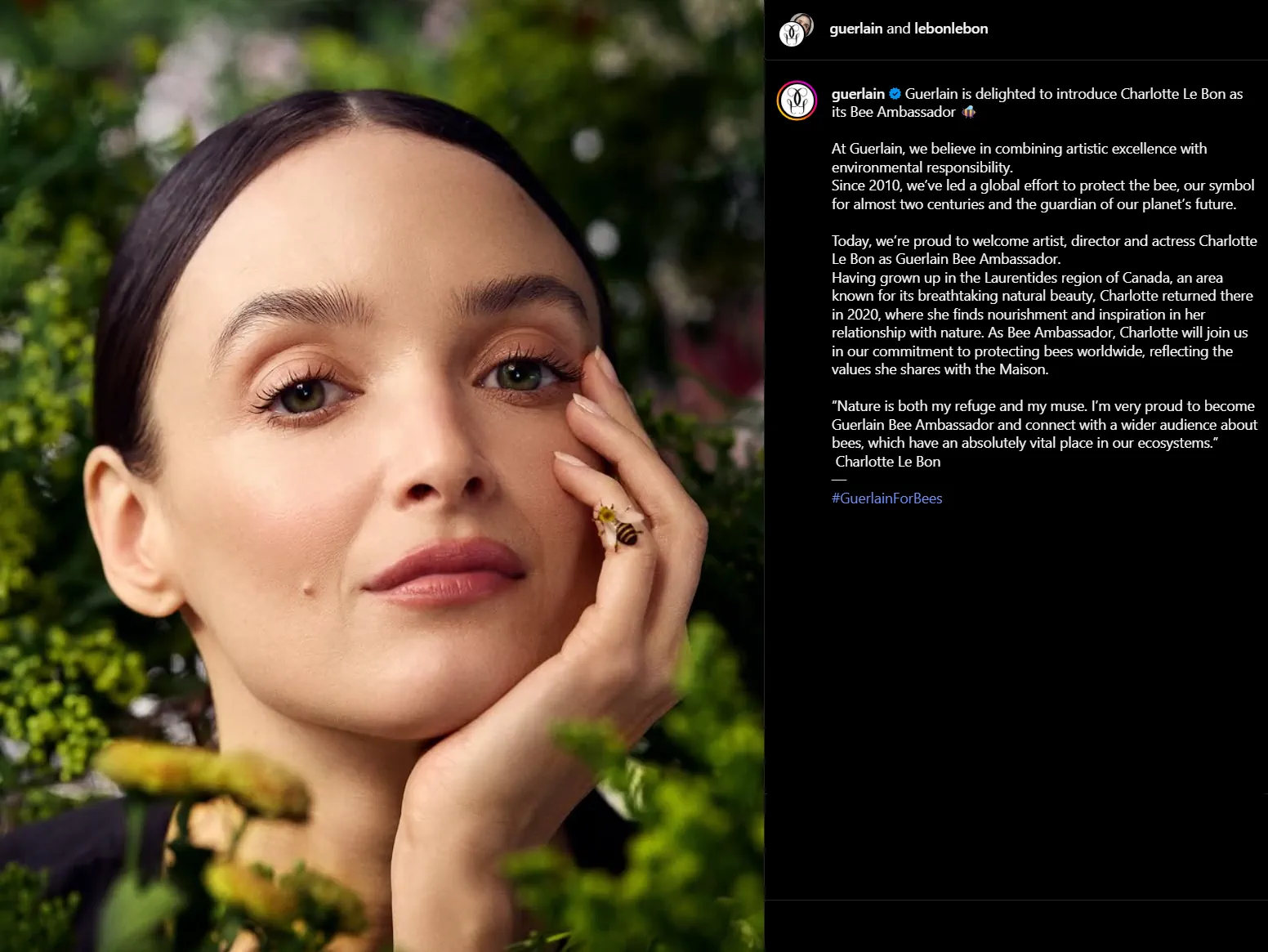Guerlain chọn Charlotte Le Bon làm đại sứ bảo vệ ong mới