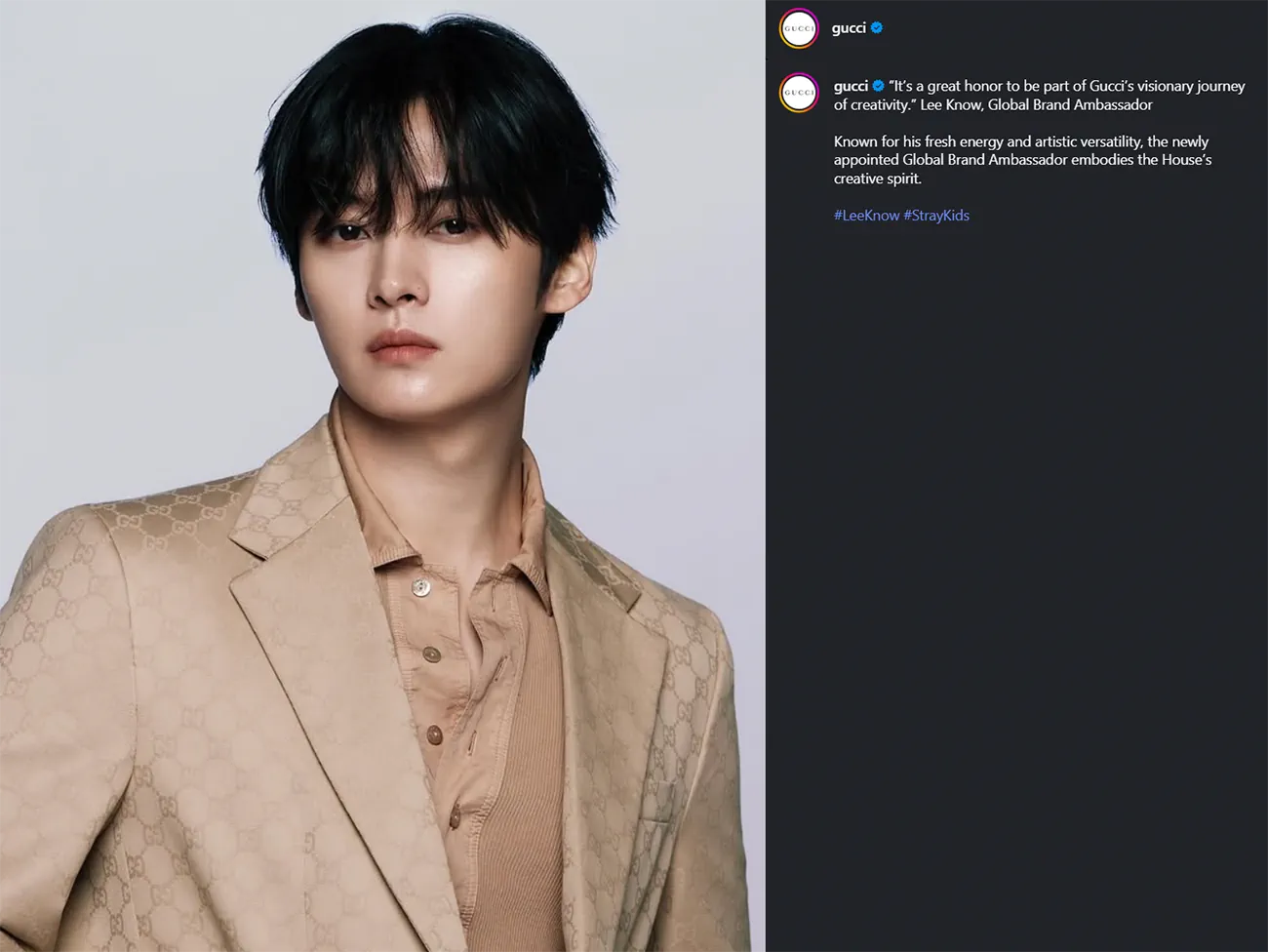 Lee Know (Stray Kids) là đại sứ thương hiệu toàn cầu mới nhất của Gucci Lee Know (Stray Kids) là đại sứ thương hiệu toàn cầu mới nhất của Gucci